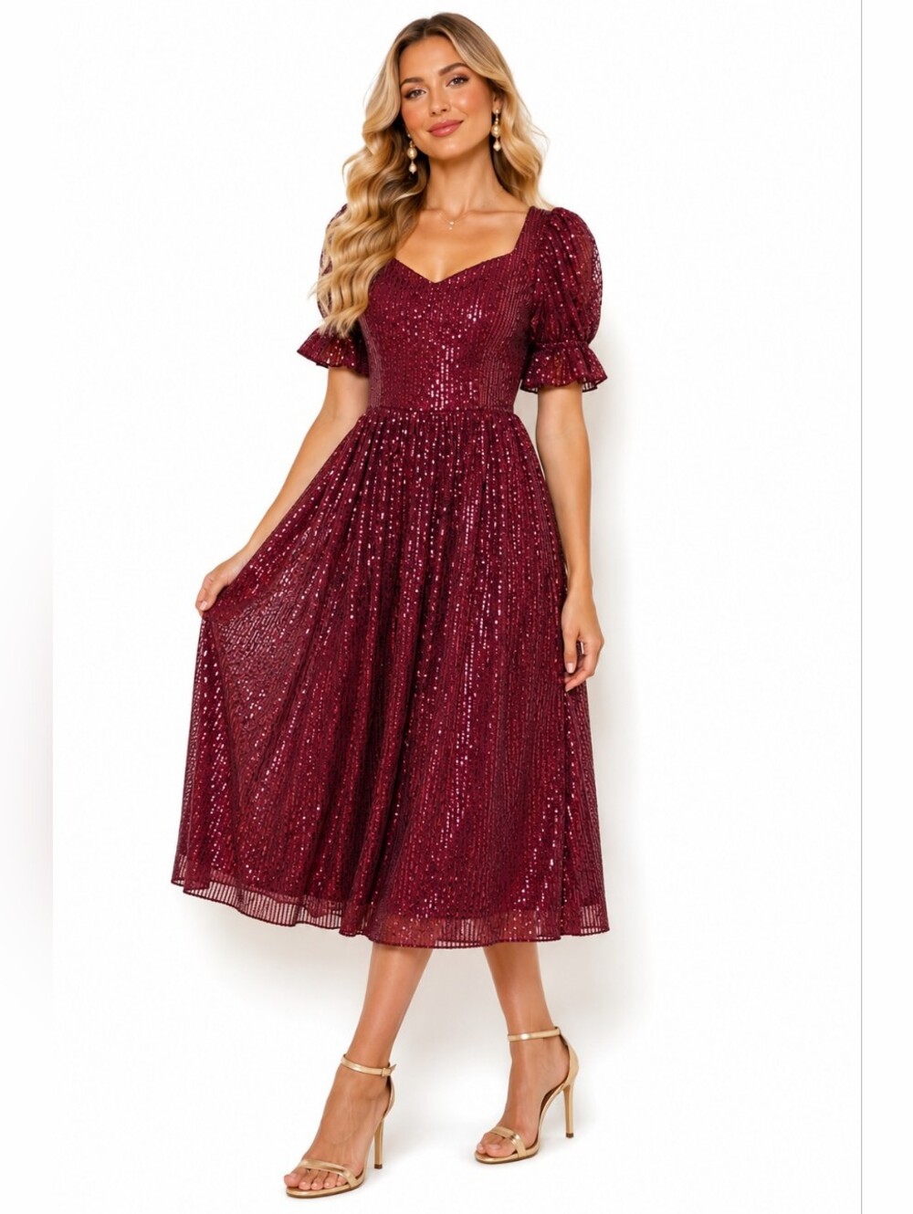 Ivy City Co Burgundy Sequin Puff Sleeve Midi Dress XXS
